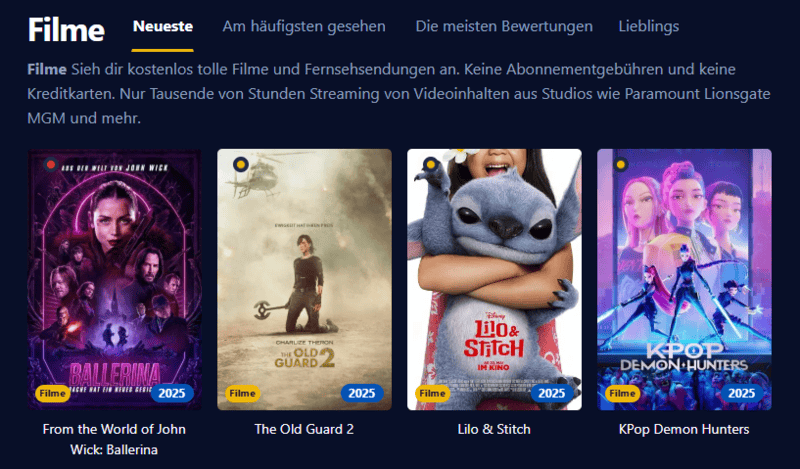 Bildschirmfoto von Einschalten moderner Streaming Plattform mit Filmen und Serien